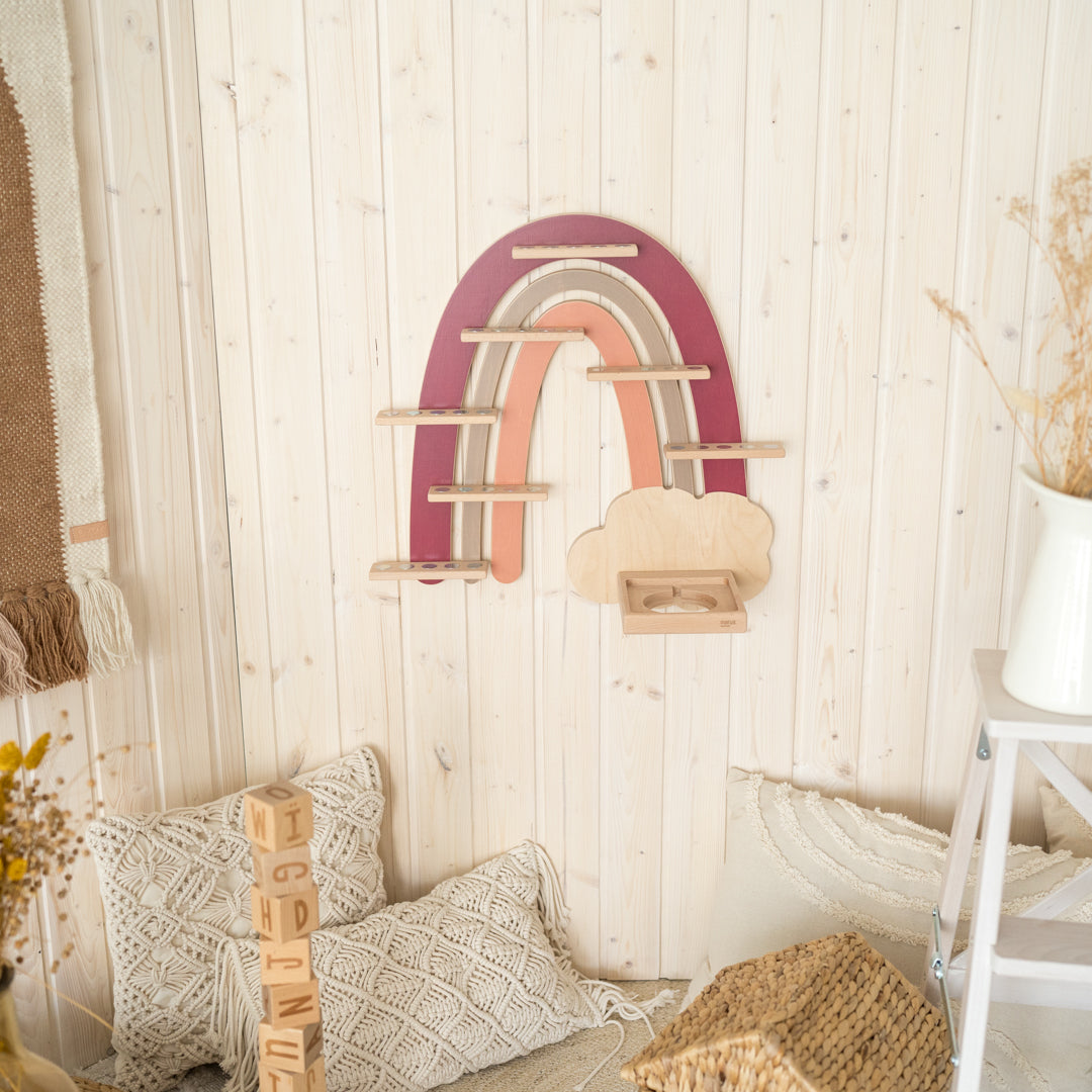 Toniebox-Regal Regenbogen beere/beige im Kinderzimmer