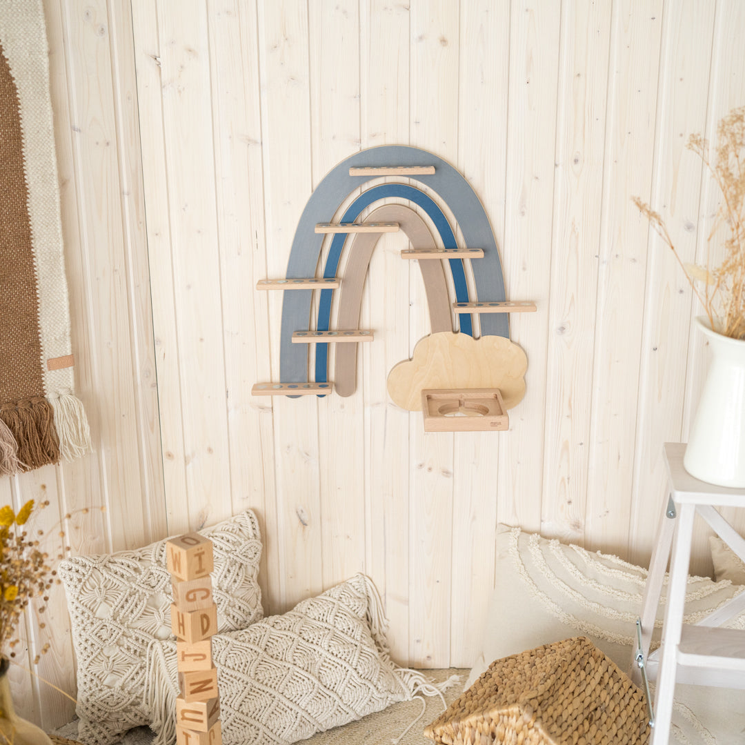 Toniebox-Regal Regenbogen blau/grau im Kinderzimmer
