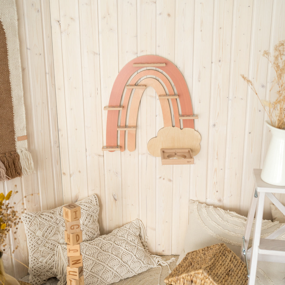 Toniebox-Regal Regenbogen rosa/beige im Kinderzimmer